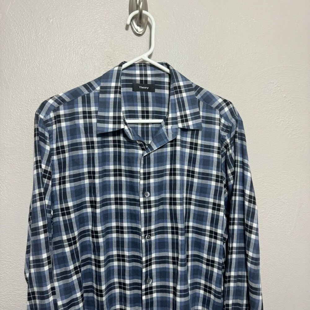 Theory Mens Plaid Button Up Shirt Sz Large Cotton Blue Black White Long Sleeve - Picture 2 of 5